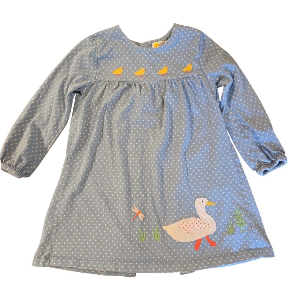 Baby Boden Girls Blue Polka Dot Duck Applique Long Sleeve Dress 2-3Y 98cm